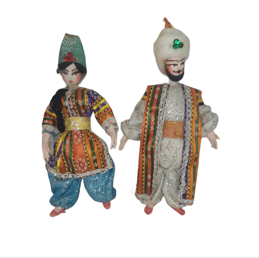 Vtg Traditional Turkish Dolls Man & Woman Handmade 8¼" Folklore Read Below
